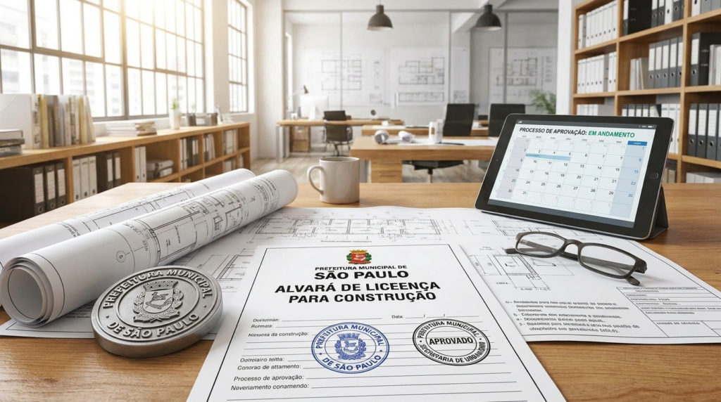 Documento de alvará de obra ao lado de planta arquitetônica e carimbo da prefeitura