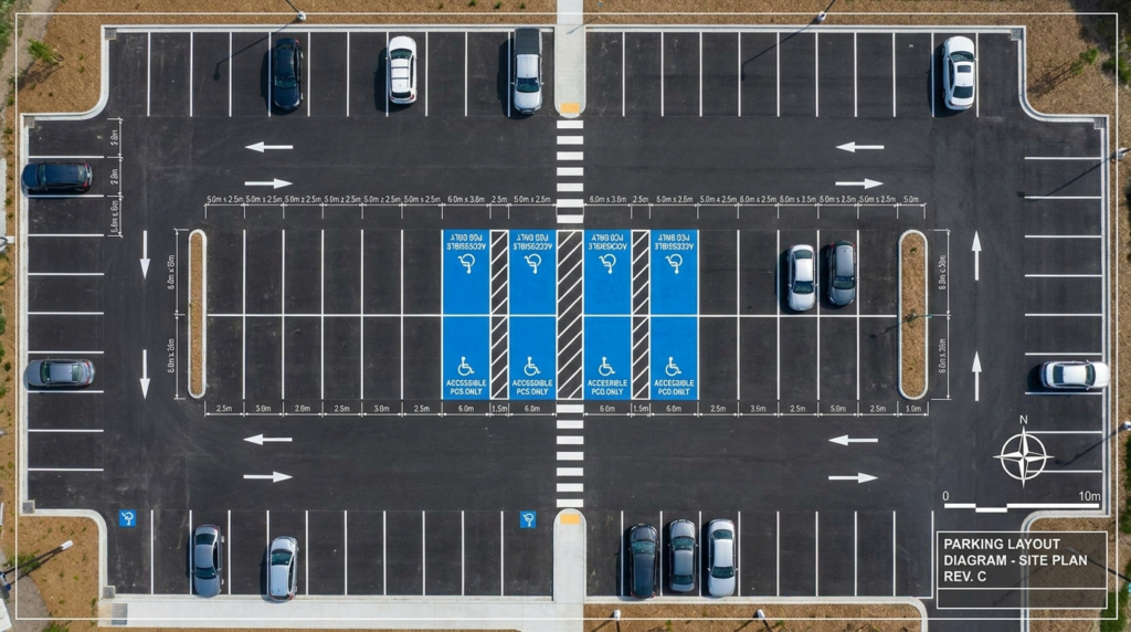 Vista aérea de estacionamento com dimensões mínimas de vagas marcadas e vagas PCD em azul