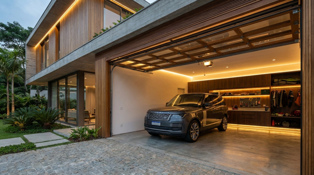 Garagem residencial moderna com SUV estacionado e portão seccional aberto