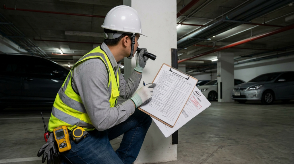 Engenheiro inspecionando garagem de condomínio com checklist técnico e documentação ART