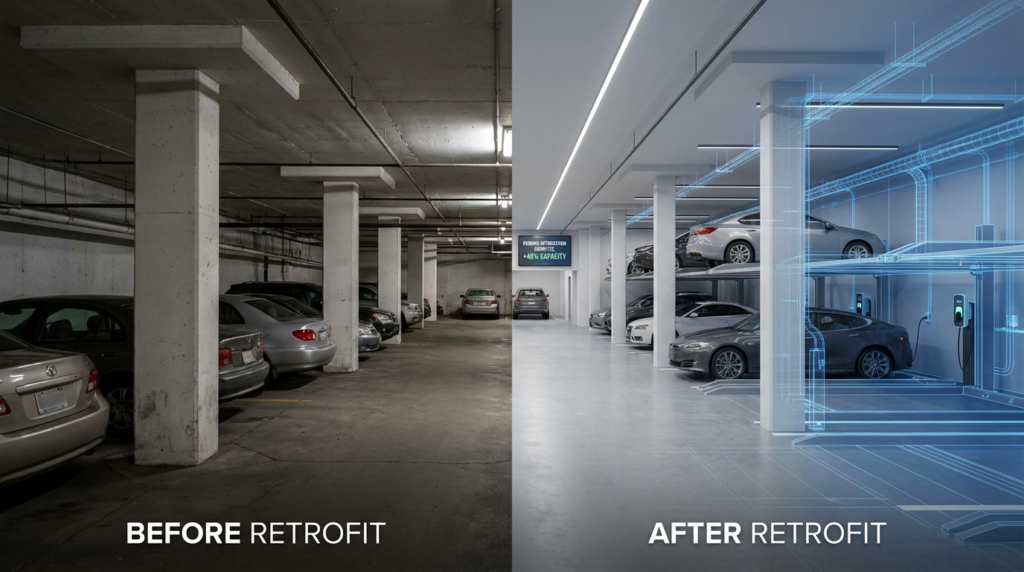 Comparação antes e depois de retrofit de garagem em condomínio com mais vagas otimizadas