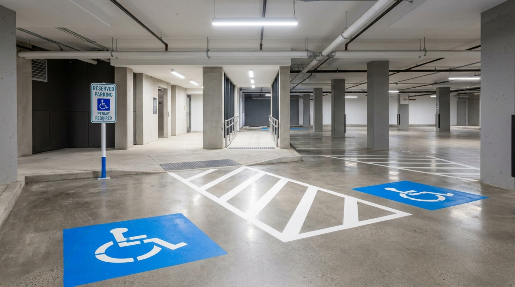 Vagas PCD acessíveis em estacionamento de condomínio com símbolo de acessibilidade pintado no piso