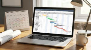 Cronograma Gantt de projeto de estacionamento em notebook com fases e calendário