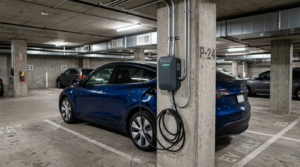 Wallbox de recarga de carro elétrico instalado em vaga de garagem de condomínio