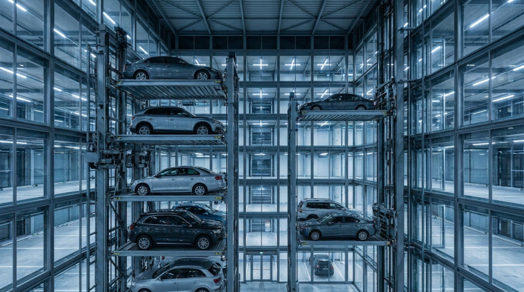 Sistema de estacionamento automatizado vertical com plataformas metálicas movimentando carros