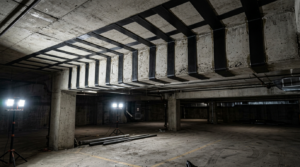 Viga de concreto de garagem reforçada com mantas de fibra de carbono aplicadas