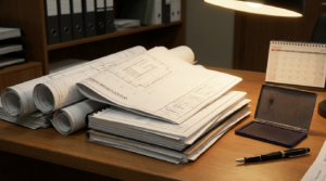 Documentos técnicos e planta de garagem preparados para protocolo de regularização