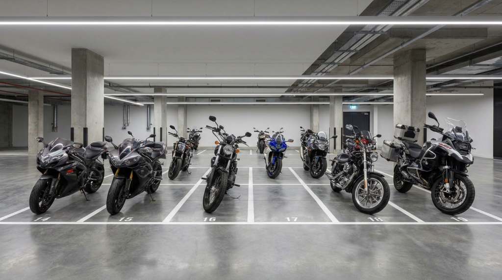 Bolsão de vagas de motos demarcadas em garagem de condomínio com sinalização de piso